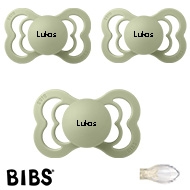 BIBS Supreme Sutter med navn str2, 3 Sage, Symmetrisk Silikone, Pakke med 3 sutter